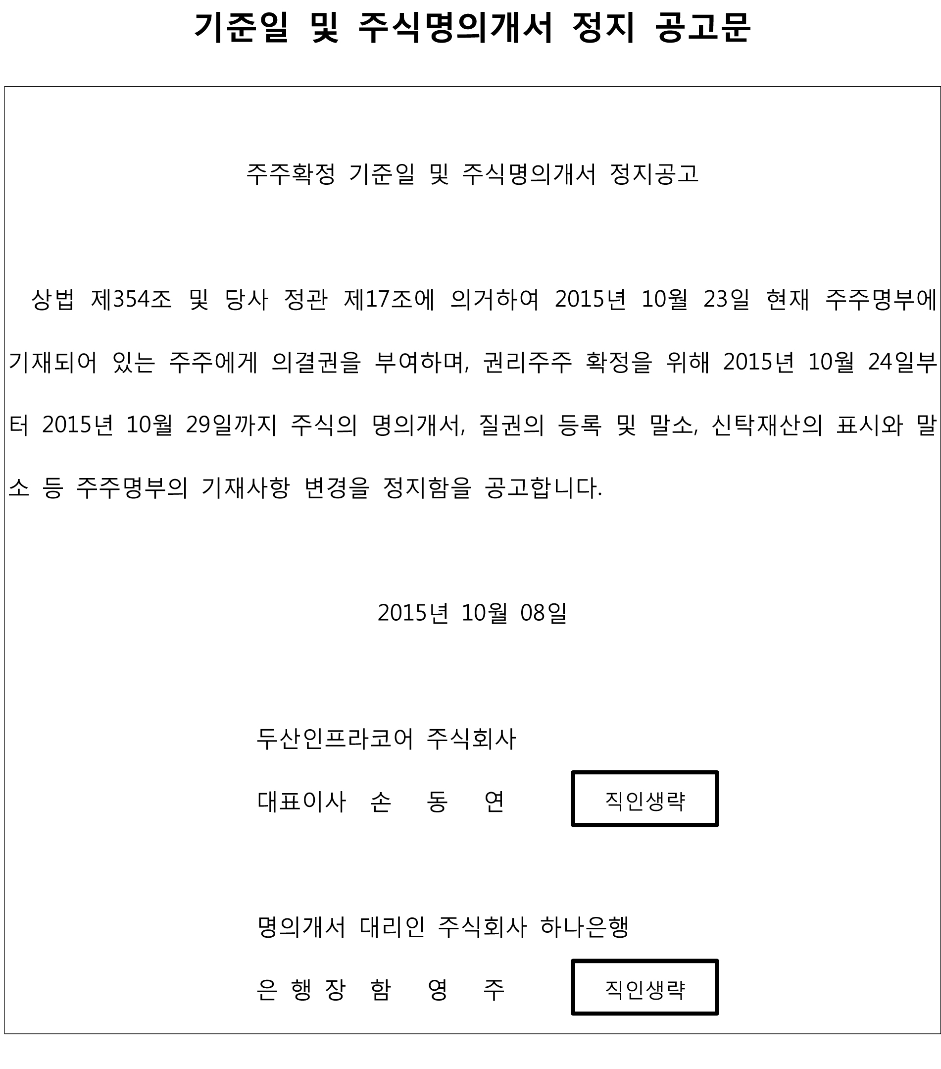 기준일 및 주식명의개서 정지 공고문 , 주주확정 기준일 및 주식명의개서 정지공고 상법 제354조 및 당사 정관 제17조에 의거하여 2015년 10월 23일 현재 주주명부에 기재되어 있는 주주에게 의결권을 부여하며, 권리주주 확정을 위해 2015년 10월 24일 부터 2015년 10월 29일까지 주식의 명의개서, 질권의 등록 및 말소, 신탁재산의 표시와 말소 등 주주명부의 기재사항 변경을 정지함을 공고합니다. 2015년 10월 08일 두산인프라코어 주식회사 대표이사 손동연 직인생략 명의개서 대리인 주식회사 하나은행 은행장 함영주 직인생략 